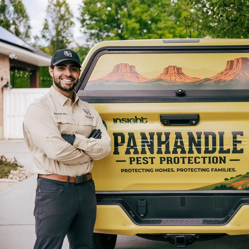Panhandle Pest Protection technician with arms crossed beside the tailgate of a branded service truck